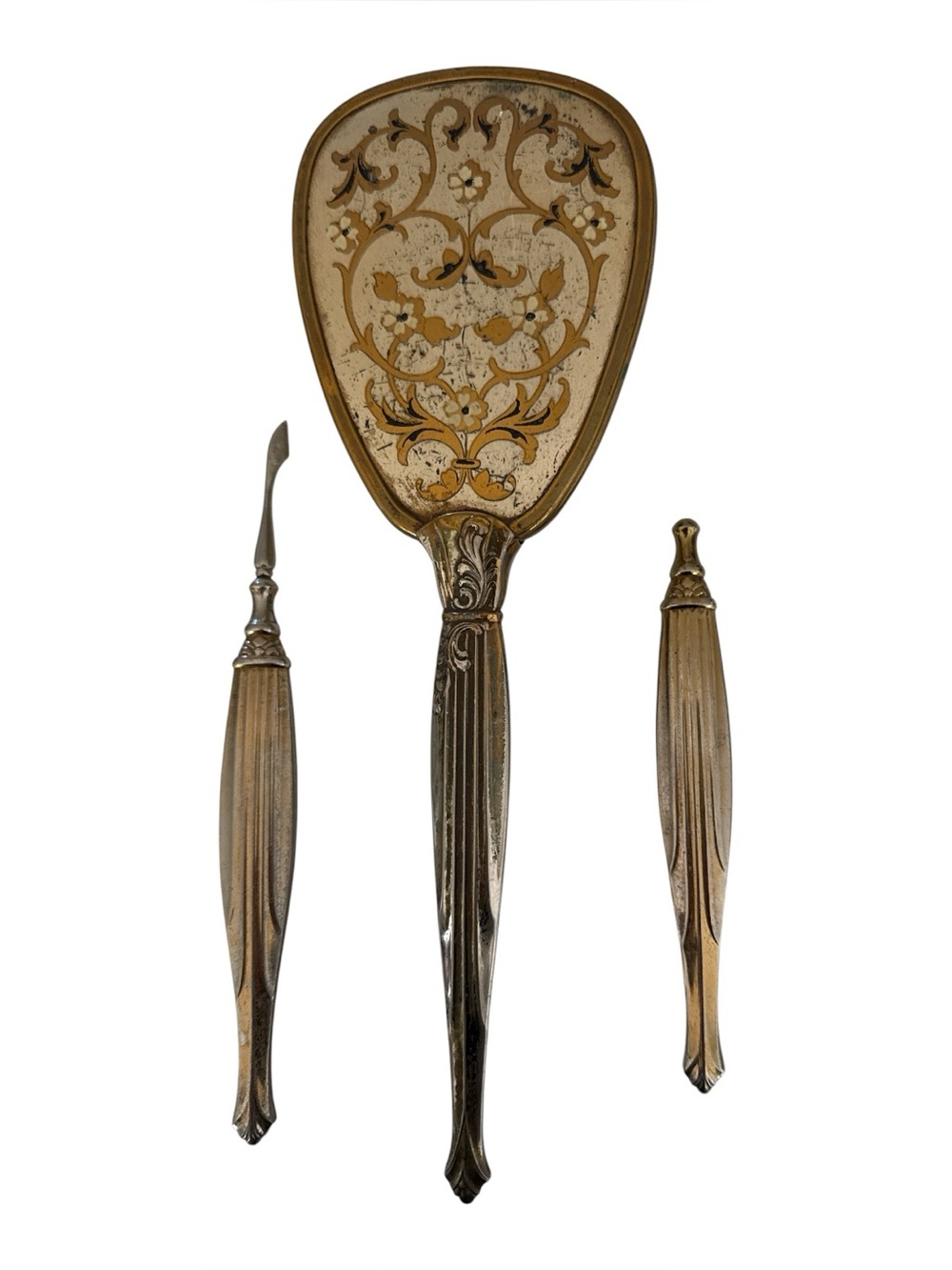 Vintage Vanity Brush Nail Tool Dresser Set Gold Floral Hollywood Regency